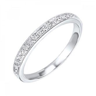 This beautiful 10 karat white gold ring boasts exquisite craftsmanship, a charming feature of 17 round cut diamonds. The diamonds, totaling up to 0.12-carat weight, perfectly inlaid in a pave setting, truly stand out against the noble metal. Coupled with a milligrain detail, this ring can be effortlessly stacked for that trendy layered look.