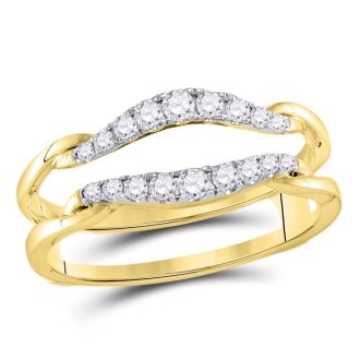 This luxurious piece of fine jewelry is a jacket style ring crafted from high quality 14 karat yellow gold. It features a central, sparkling round diamond weighing approximately one third carats in total weight. This strikingly beautiful ring radiates classic elegance making it an exquisite addition to any jewelry collection.