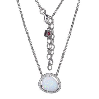This stunning SS Synthetic Opal CZ Halo Pendant with 17" Chain is a perfect accessory to add a bit of sparkle to any outfit. It features a beautiful opal center stone surrounded by a halo of cubic zirconia stones. The delicate chain is the perfect length for layering or wearing alone.