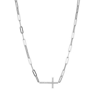 This elegant rhodium plated necklace features a CZ cross pendant on a delicate 3mm sterling silver paperclip chain. The 17" long necklace is perfect for adding a subtle sparkle to any outfit.