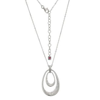 This stunning sterling silver necklace features two oviform shapes encrusted with sparkling cubic zirconia stones. The 24" long chain is finished with a 2" extension and is rhodium plated for a luxurious shine.