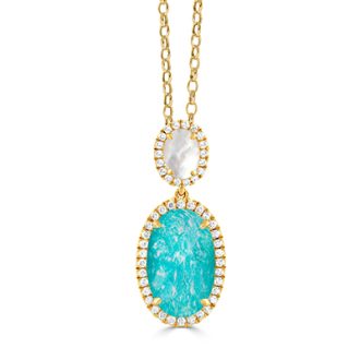 This charming piece is intricately designed with an oval mother of pearl top titrely complemented by an oval Amazonite bottom. Boldly fashioned in 18k yellow gold, it is encapsulated with .22ctw round sparkling diamonds. This elegantly hanging drop pendant radiates a blend of warm colors reflecting trendy enigma and sophistication.