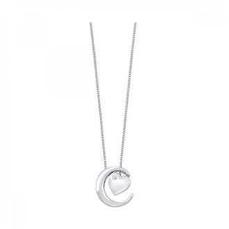 A tribute to celestial and romantic aesthetics, this pendant features a charming combination of a moon and heart. Crafted from stainless steel, this versatile piece is accented with a small, round diamond, releasing shimmering details and adding a luxury edge. Ideal for daily wear or a perfect gift.