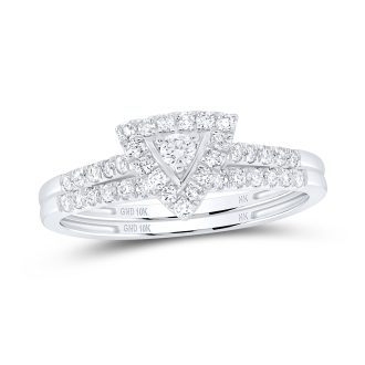 Experience exquisite craftsmanship with this 10 karat white gold engagement ring set. It flaunts a round 3/8 CTW diamond encased within a triangle halo design. Perfect for promise, engagement, or wedding use! A token of eternal love with a sheer spark that symbolises everlasting commitment and promise. Makes for a precious possession or heartfelt gift.