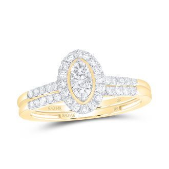 This set features a stunning engagement ring crafted in 14k yellow gold, highlighted by a striking oval halo design. The ring sparkles with a half carat of round diamonds, creating a mesmerizing shine. The set offers both an unmatched style and luxe aesthetic that will instantly wow your loved one.