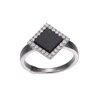 Adorn your finger with this discontinued fashion ring, a glamorous size 7 piece, boasting a square cubic zirconia center stone. Encrusted in a radiant halo and encompassed by blue and gold stones, the ring is expertly crafted in rhodium-plated sterling silver, ensuring a lightweight, durable and sophisticated accessory. Not up for reorder.