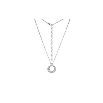 This pendant features a stunning imperfect circle design paved in sparkling CZ stones, beautifully suspended from a 17-inch Rolo chain. The 18mm pendant is fashioned in durable and tarnish-resistant stainless steel with Rhodium plating for added radiance. Perfect to add a subtle touch of elegance to any outfit, for any occasion.