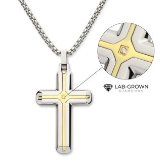 Inox 18Kt Gold IP Steel Two Tone Solitaire Accented Clear Lab-Grown Diamond Cross Pendant with Box Chain