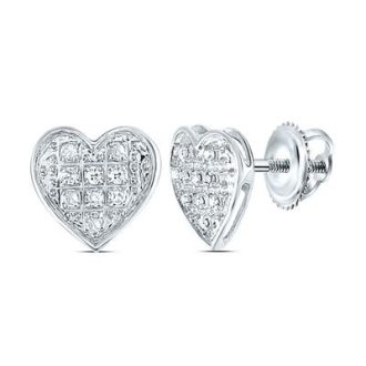 Experience eternal elegance with these captivating heart stud earrings. Crafted from 10 Karat white gold, each piece features a quarter of radiant diamonds, delicately round-cut to shimmer with your movement. Totaling 0.05 carats, these alluringly simple studs amplify the exquisite charm that can complement any outfit.