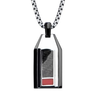 Inox Polished Finish Black IP with a dash of red Carbon Fiber Weave Pattern Pendant with Steel Box Chain