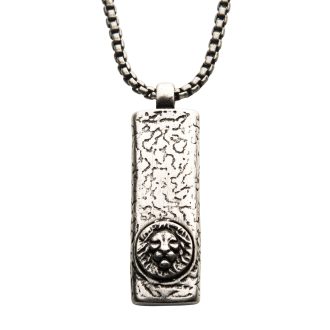 Inox Gents Sts Silver Plated Dog Tag Pendant with Lion Head Inlay, 24" Steel Box Chain