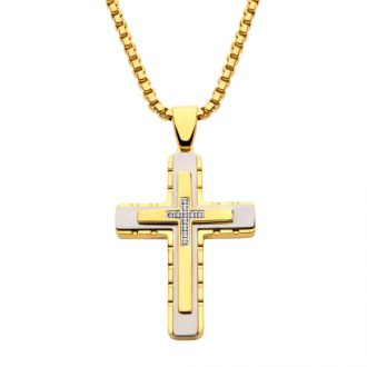 Inox 18Kt Gold IP Layered Cross Pendant with CNC Set Clear CZ