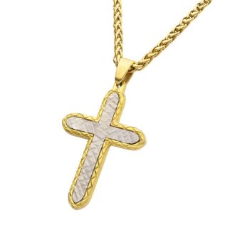 Inox 18Kt Gold IP Stainless Steel Chiseled Bold Cross Firenze Pendant with Wheat Chain