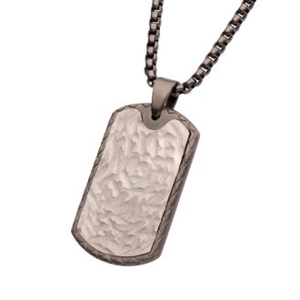 Inox Gun Metal IP Stainless Steel Chiseled Bold Tag Firenze Pendant with Box Chain