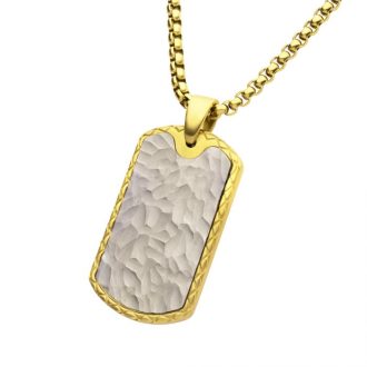 Inox 18Kt Gold IP Stainless Steel Chiseled Bold Tag Firenze Pendant with Box Chain