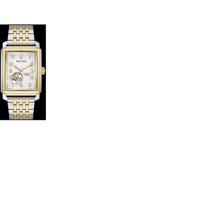Mechanical dress watch with 21 Jewel movement, classic yellow gold tone dial, and timeless rectangular shaped case.