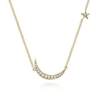 Gabriel & Co Moon and Star Necklace with .11ctw Round Diamonds in 14k Yellow Gold