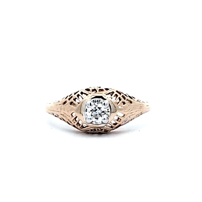 Women's Antique 14K Yellow Gold Filigree Ring with 0.2ct Round Diamond