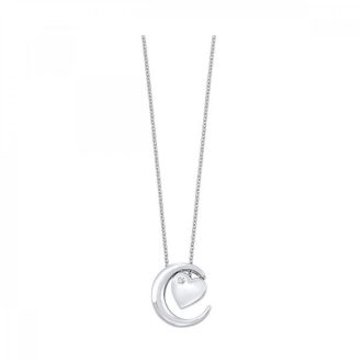 Heart Moon Necklace with Round Diamond in Sterling Silver