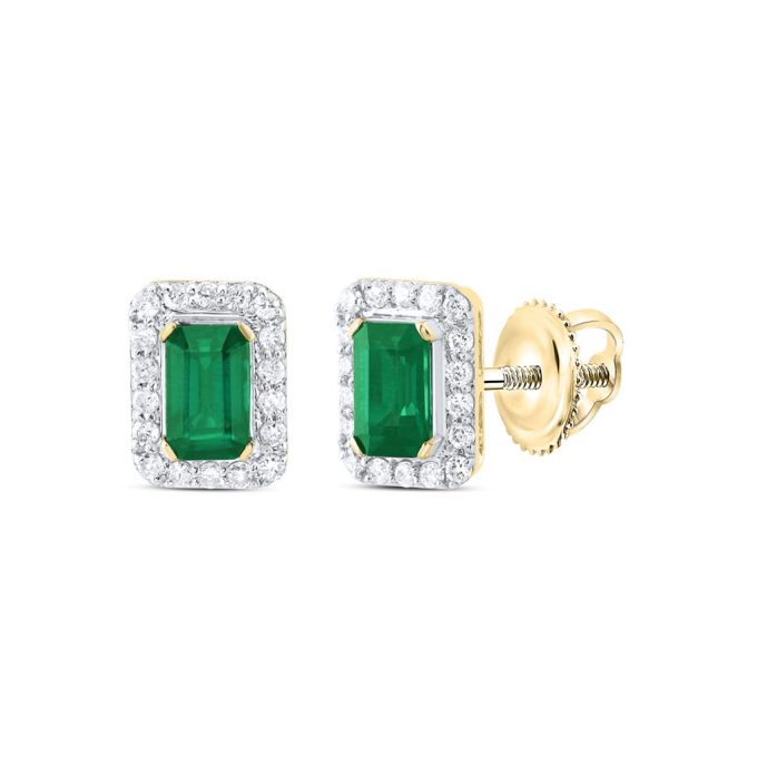 Halo Stud Earrings with Natural Emerald and .20ctw Round Diamonds in 14k Yellow Gold