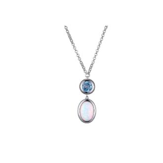 This exquisite piece features a stunning 10x7mm opal, framed by 5mm round blue topaz stones and set on a 17" rhodium plated sterling silver rolo chain. An eye-catching mirage of beauty and brilliance.