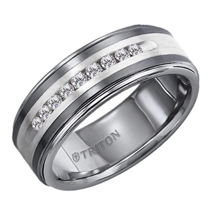Triton Men's 8mm Wedding Band with .25ctw Round Diamonds in Tungsten Carbide and Sterling Silver