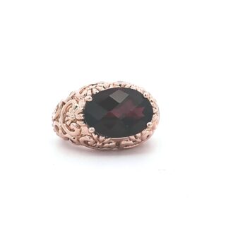 Pre-Owned 14K Rose Gold Oval Garnet Carved Floral Band Ring