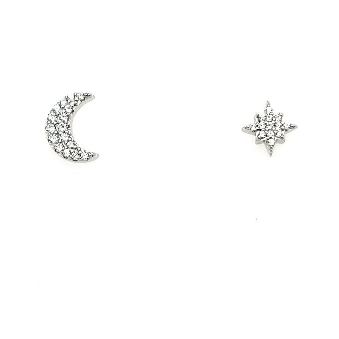 Moon & Star Stud Earrings with Cubic Zirconia in Sterling Silver