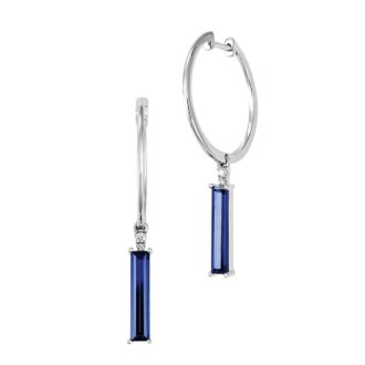 Chatham Lab-Created Baguette Blue Sapphire Dangling Hoops with .04ctw 4 Round Diamonds in 14k White Gold