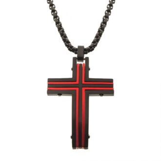 Inox Men's Cross Necklace in Red and Black Stainless Steel