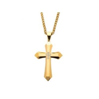 Inox Men's Stainless Steel Gold-Plated Cross Necklace with Cubic Zirconia