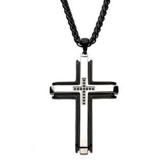 Inox Men's Cross Necklace with Black Cubic Zirconia in Stainless Steel