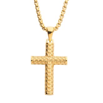 Inox Men's Polished 18K Gold IP Scale Cross Drop Pendant with Bold Box Chain. 22 inch long.