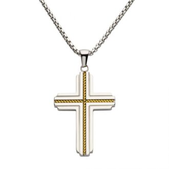 Inox 18Kt Gold IP Stainless Steel Rope Inlay Two-tone Cross Pendant with Chain