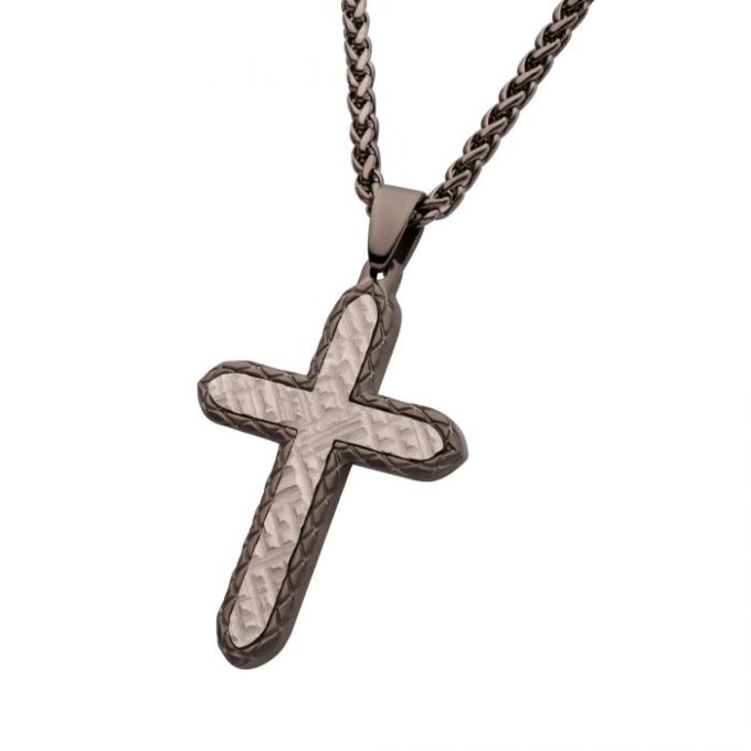 Inox Gun Metal IP Stainless Steel Chiseled Bold Cross Firenze Pendant with Wheat Chain