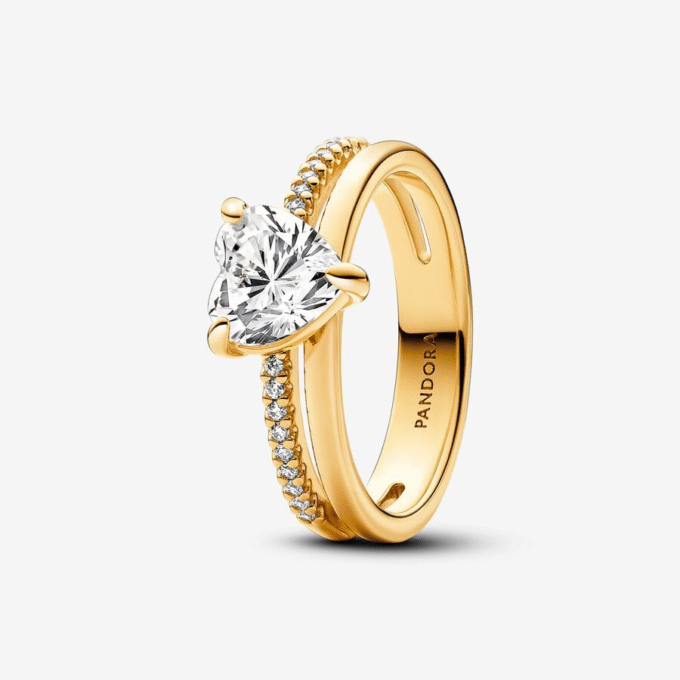 Pandora 14K Yellow Gold Plated CZ Double Band Heart Ring Size 56