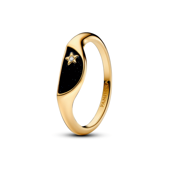 Pandora 14K Gold Plated Halved Signet Ring with CZ & Enamel