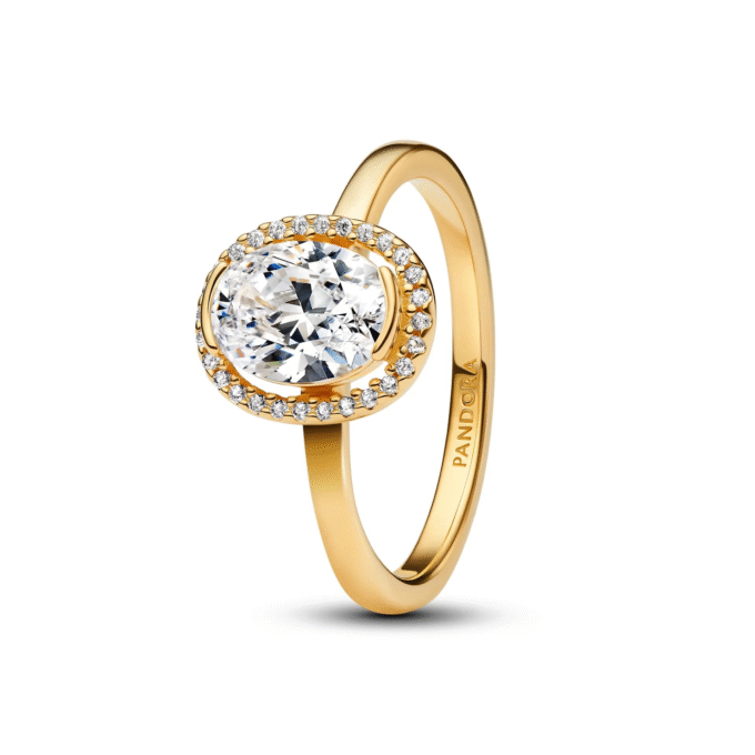 Pandora Yellow Gold Plated Clear Oval CZ Halo Fashion Ring Size 56
