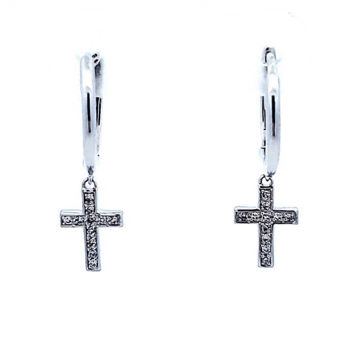 Dangle Cross Hoop Earrings with .05ctw Round Diamonds in 10k White Gold