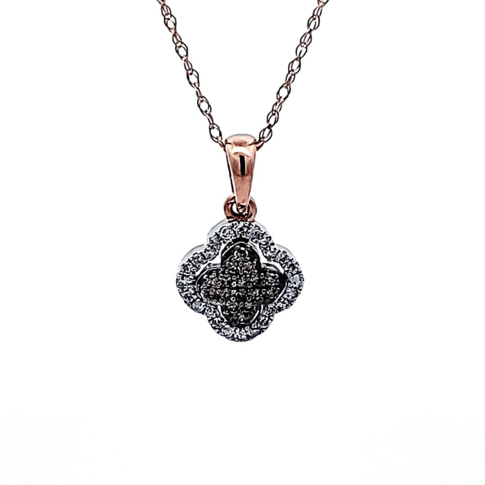 10K Gold Brown and White Diamond Clover Drop Pendant Necklace