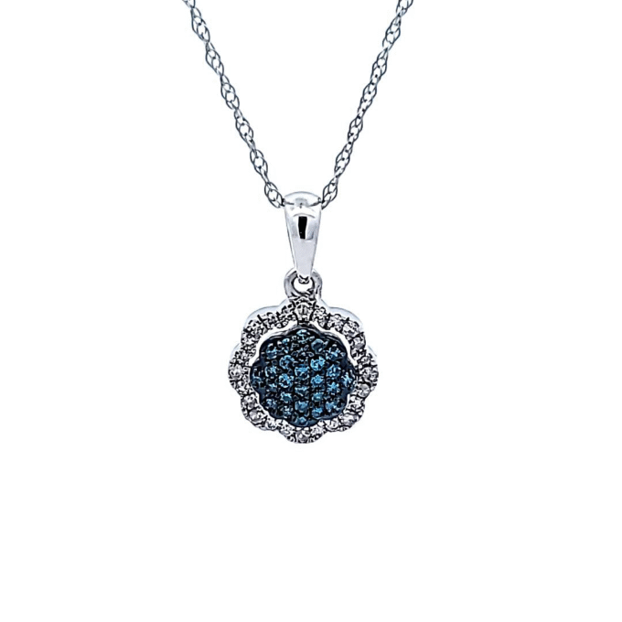 10K White Gold Flower Drop Necklace with .20ctw Blue and White Diamonds