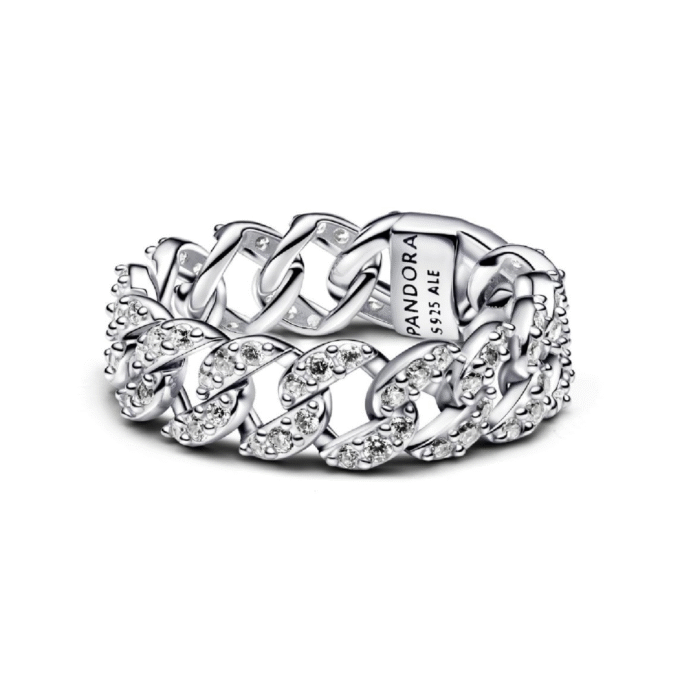 Pandora Sterling Silver Cuban Chain Clear CZ Fashion Ring Size 56