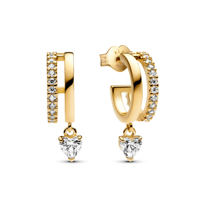 Double Band Dangle Heart CZ Huggie Hoop Earrings