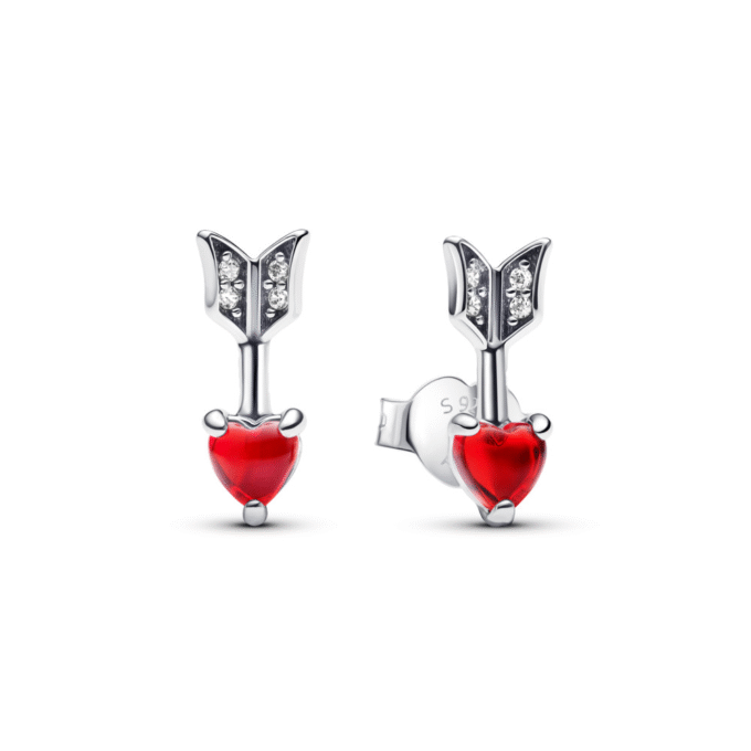Pandora Sterling Silver Red Murano Glass Heart Arrow Studs