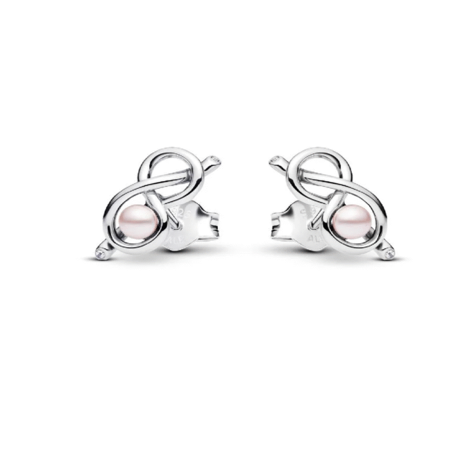 Pandora Sterling Silver Infinity Knot Earrings with Pink Pearl