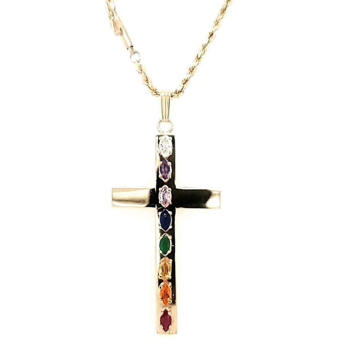 14K Yellow Gold Multi-Stone Chakra Cross Pendant with Rope Chain