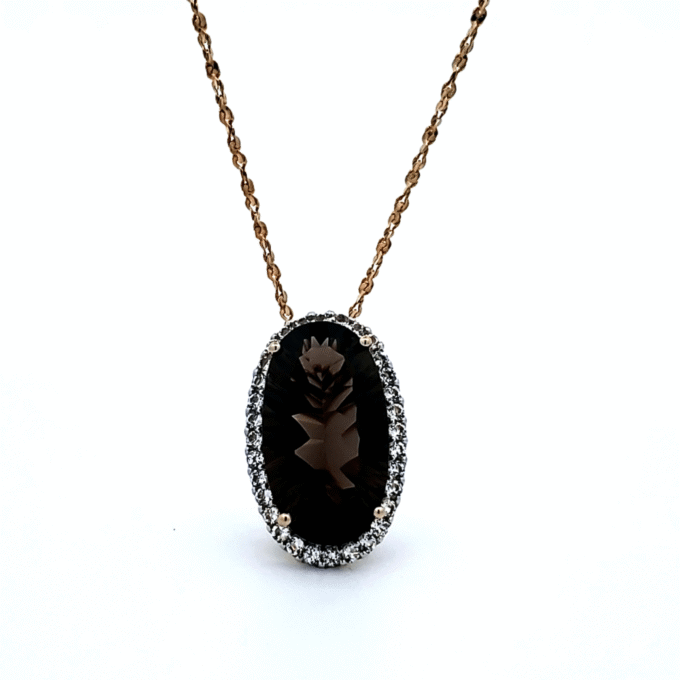 14K Yellow Gold Drop Pendant with 22x12mm Smoky Topaz & White Topaz Chain