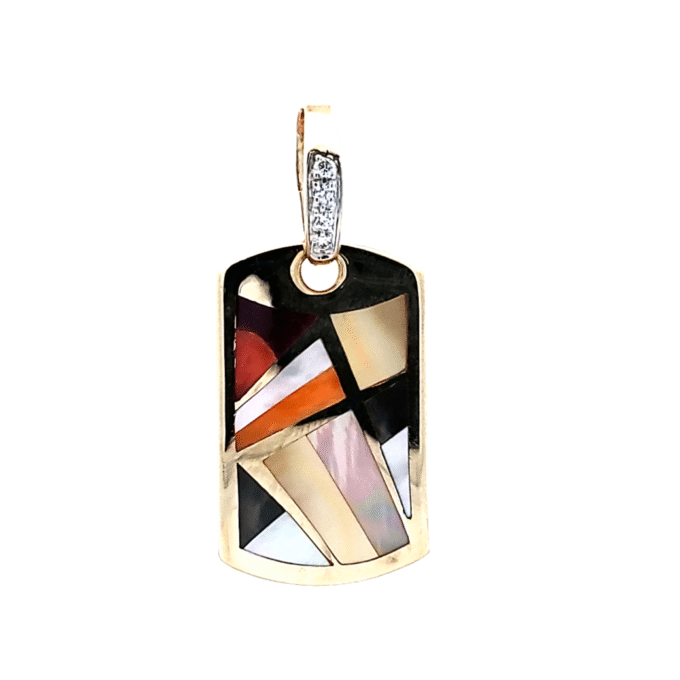 14K Yellow Gold Dog Tag Necklace with Mother of Pearl and .06ctw Diamonds