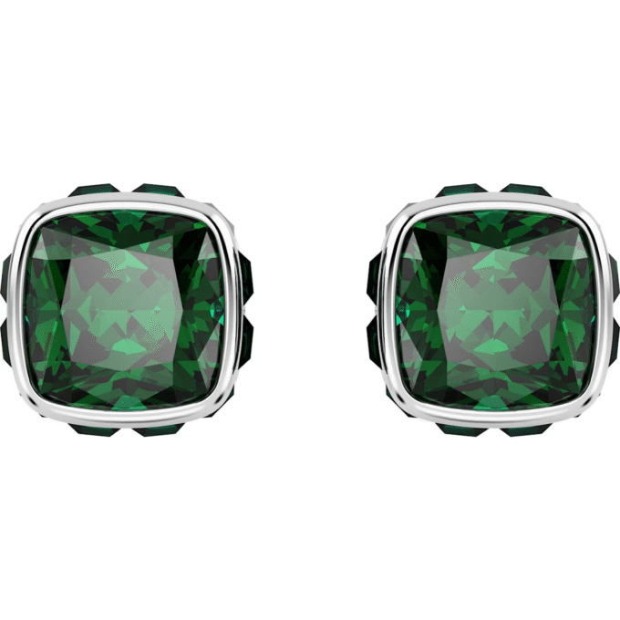 Swarovski Rectangle Cushion Stud Earrings - Dark Green, Rose Gold
