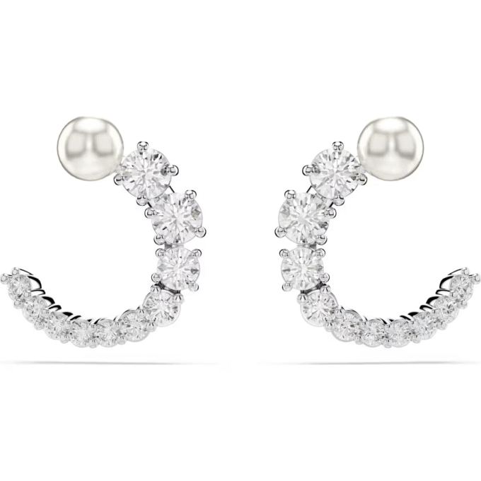 Swarovski Matrix hoop earrings - Crystal pearl, Round cut, Rhodium plated